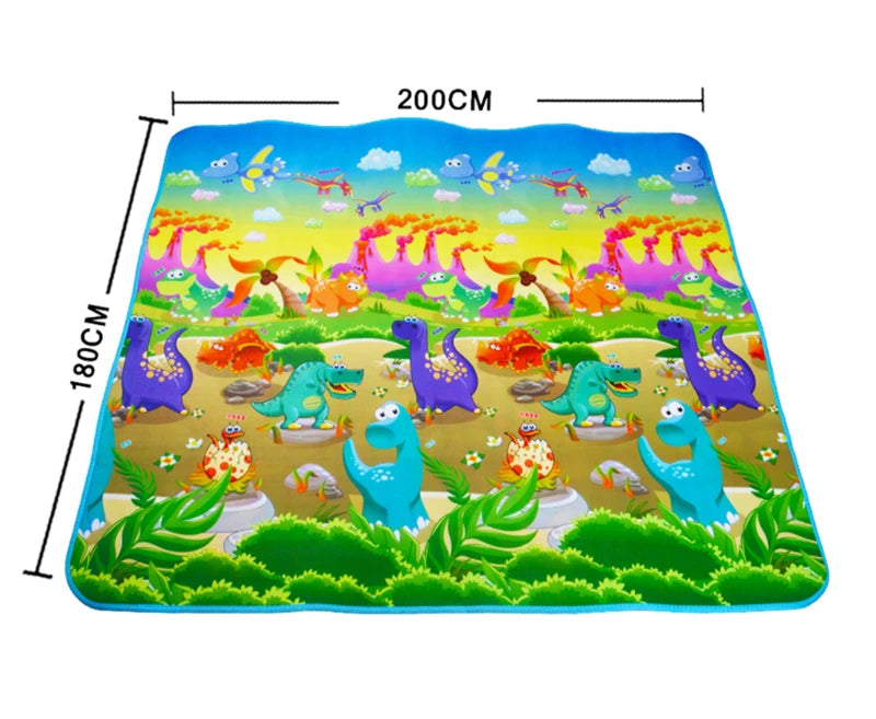 Tapis d'éveil XXL coloré avec motifs de dinosaures et végétation, 180x200 cm.