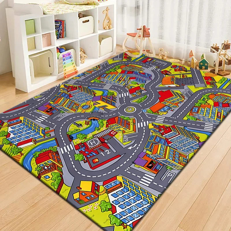 Tapis Voiture Enfant - Ville Miniature et Piste de Course en Polyester