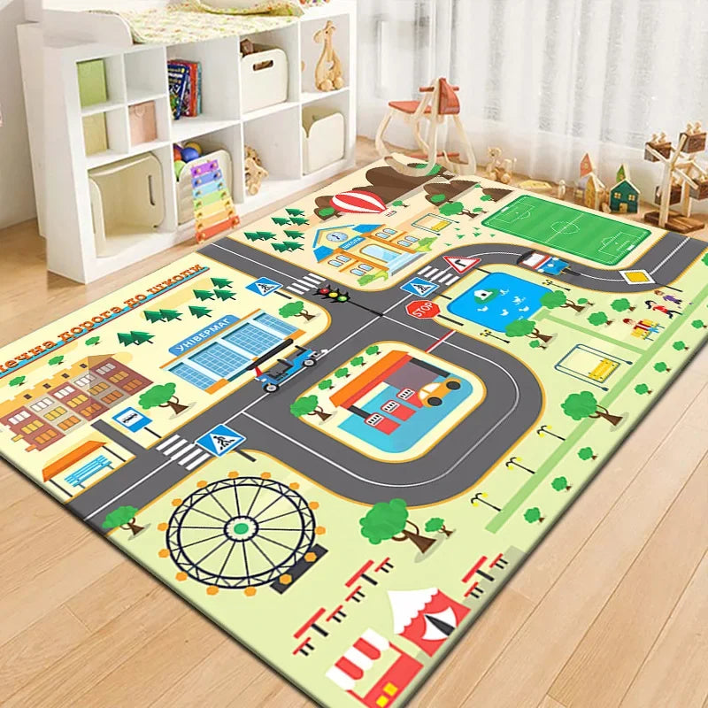 Tapis Voiture Enfant - Ville Miniature et Piste de Course en Polyester