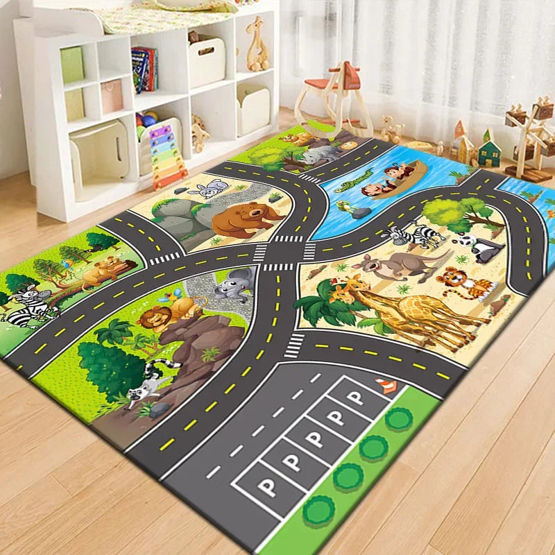 Tapis Voiture Enfant - Ville Miniature et Piste de Course en Polyester