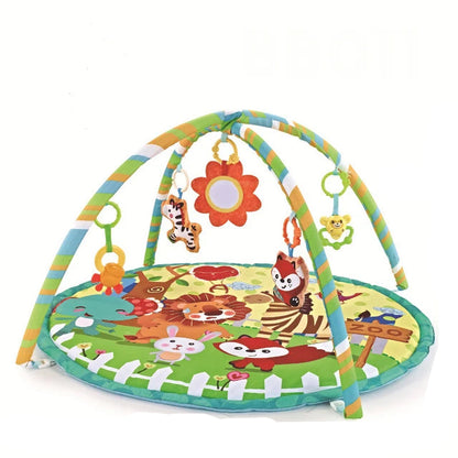 Tapis d'éveil bébé avec arches et jouets suspendus colorés.