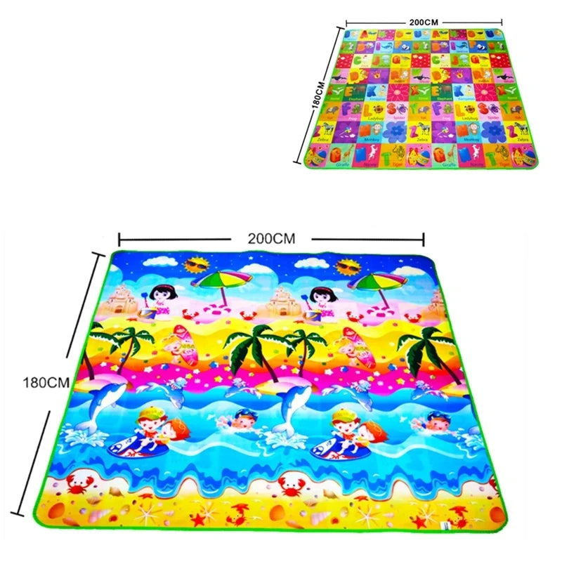Tapis d'éveil XXL réversible pour bébé, motifs plage et éducatifs, 180x200 cm.