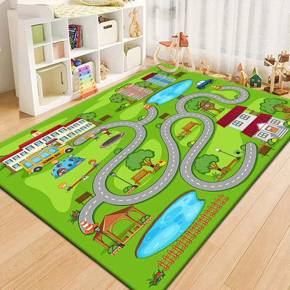 Tapis Voiture Enfant - Ville Miniature et Piste de Course en Polyester
