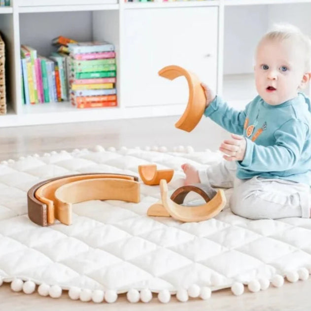 Tapis d'éveil en coton blanc avec bordures pompons, 100cm, pliable.
