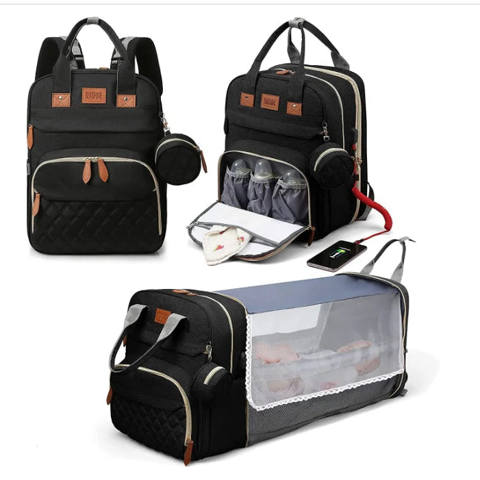 Sac à Dos à Langer Multifonctionnel avec Lit Pliant et Port USB pour Voyages