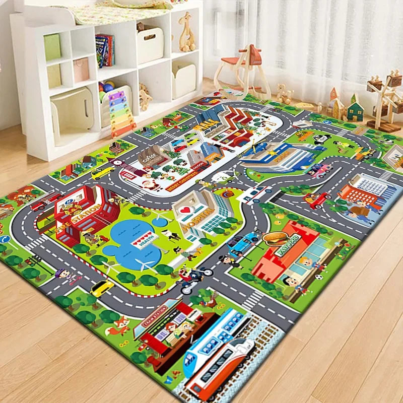Tapis Voiture Enfant - Ville Miniature et Piste de Course en Polyester